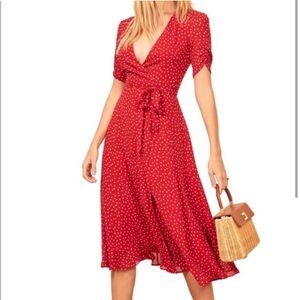 Reformation Red and White Napa Wrap Midi Dress